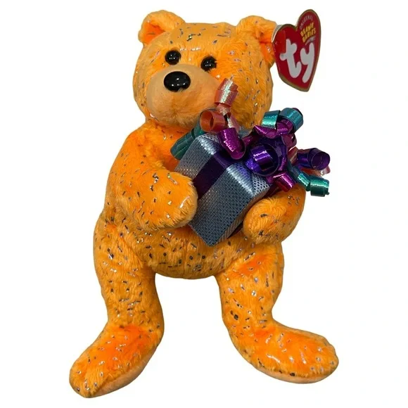 TY Beanie Baby - HAPPY BIRTHDAY the Bear ( Orange - w/ Present ) 7"...NEW - Picture 3 of 7